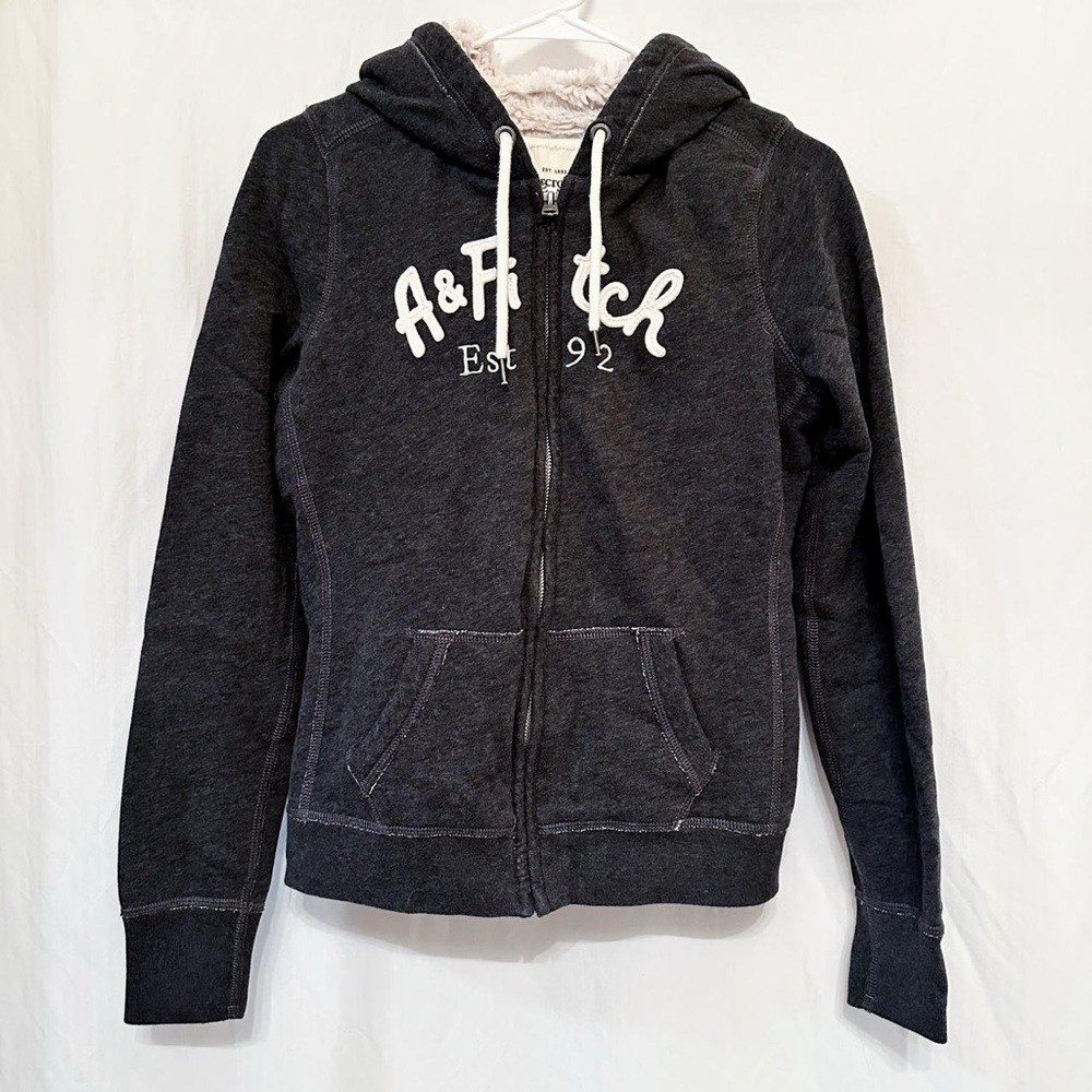 Abercrombie and Fitch Vintage Dark Gray Fleece Fur Lined Zip Up Hoodie Jacket